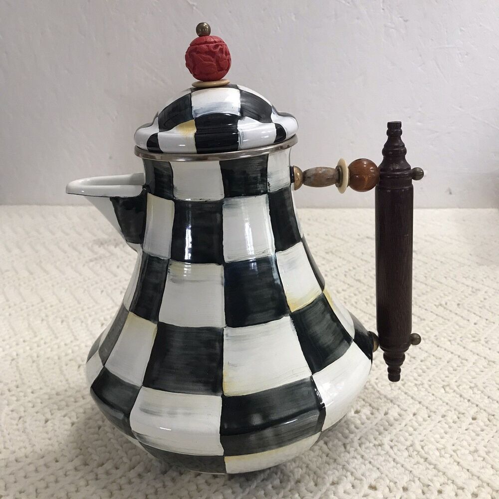 MacKenzie-Childs COURTLY CHECK Enamel 64 Oz Jug & Lid w/ Red Finial Coffee Pot A